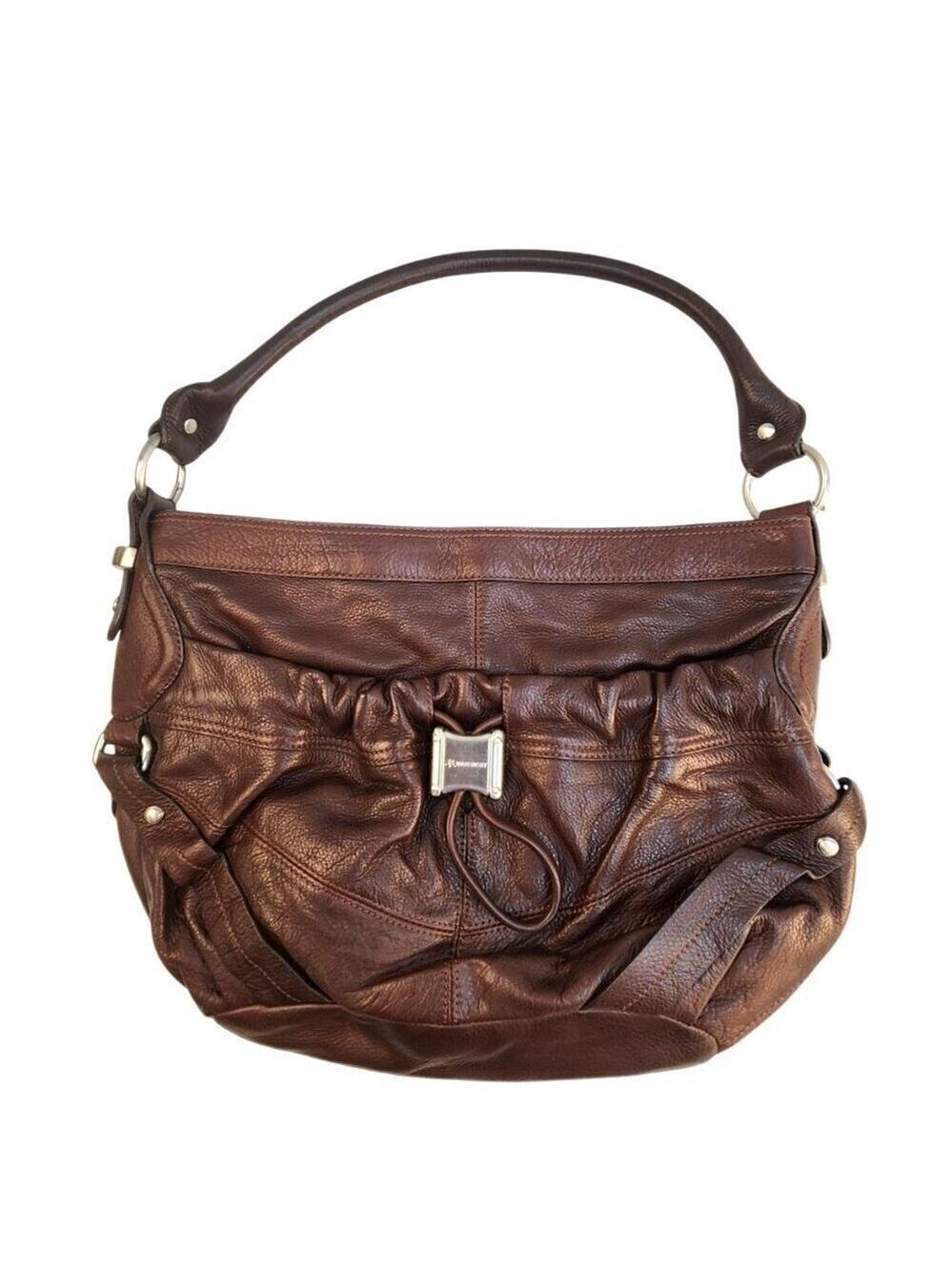 B. Makowsky Brown Genuine Leather Shoulder Bag With Leopard Print Lining & Multi